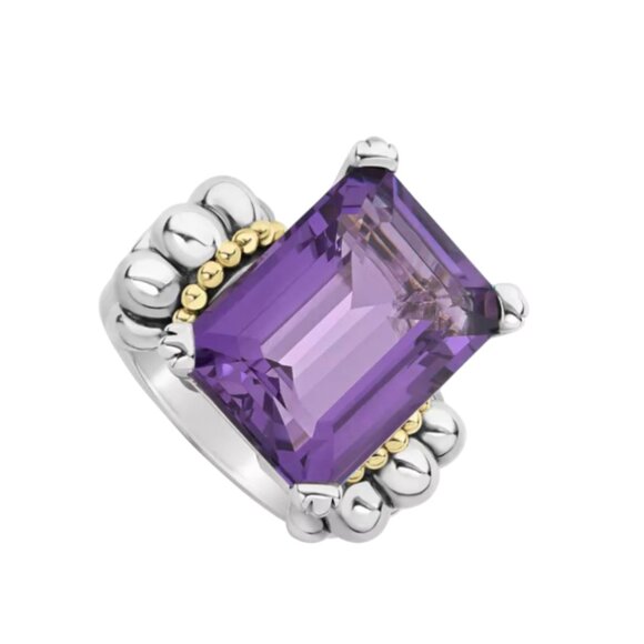 Lagos Glacier Caviar Emerald Cut Amethyst Ring Womens 6 Sterling Silver Gold XL - Picture 1 of 14